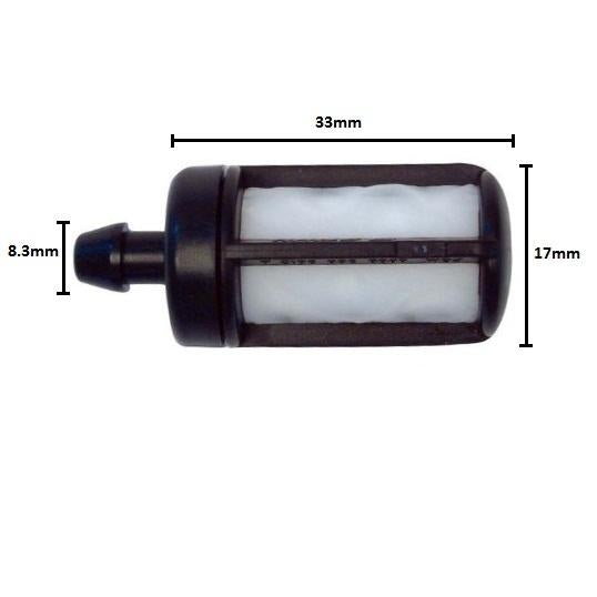 A Stihl fuel filter with its measurements shown in metric