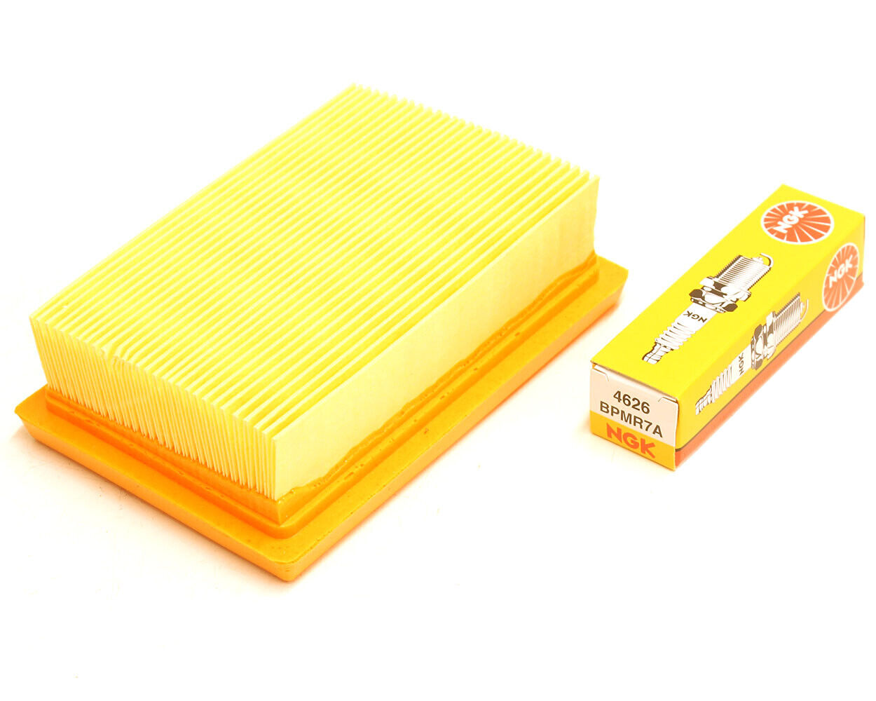 Orange air filter suitable for Stihl models BR320 BR340 BR340L BR380 BR400 BR420 BR420C SR340 SR420 with an NGK BPMR7A spark plug laying beside