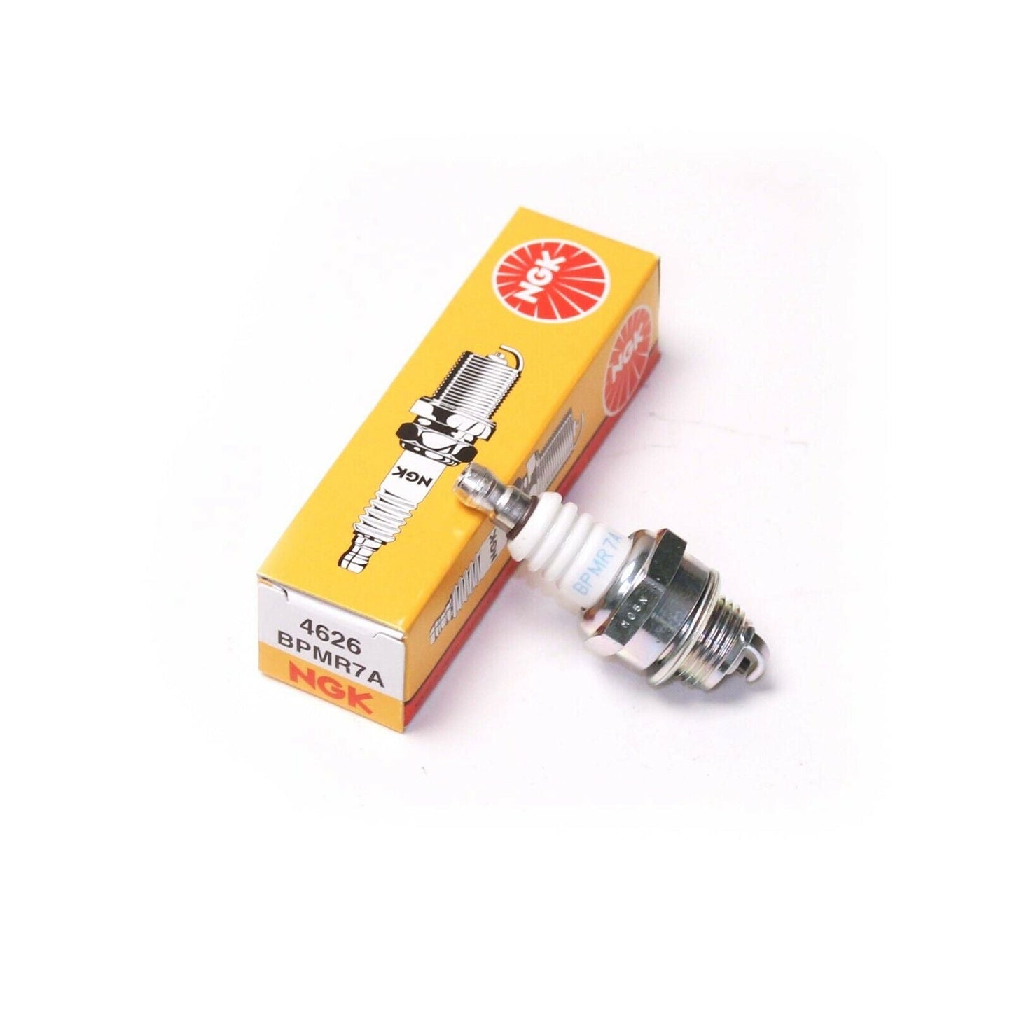 An NGK BPMR7A spark plug leaning against its box with the stock number 4626 shown