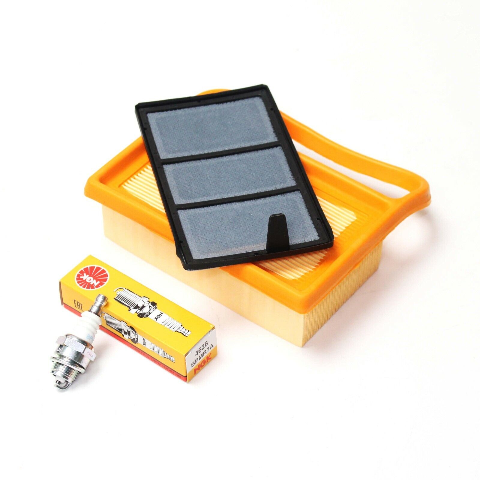 A service kit for Stihl TS410 and TS420 cut off saws which includes an air filter and NGK BPMR7A spark plug