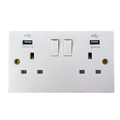 2 Gang Switched Double Socket Faceplate with 2 USB Sockets White x 10 Pieces