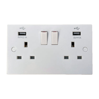 2 Gang Switched Double Socket Faceplate with 2 USB Sockets White x 10 Pieces