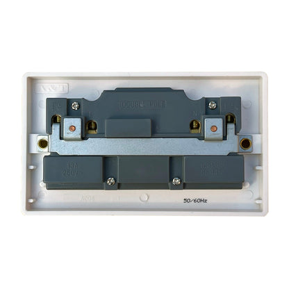 A box of 10, 2 Gang Switched Double Socket Faceplates Rated 13 Amp Colour White