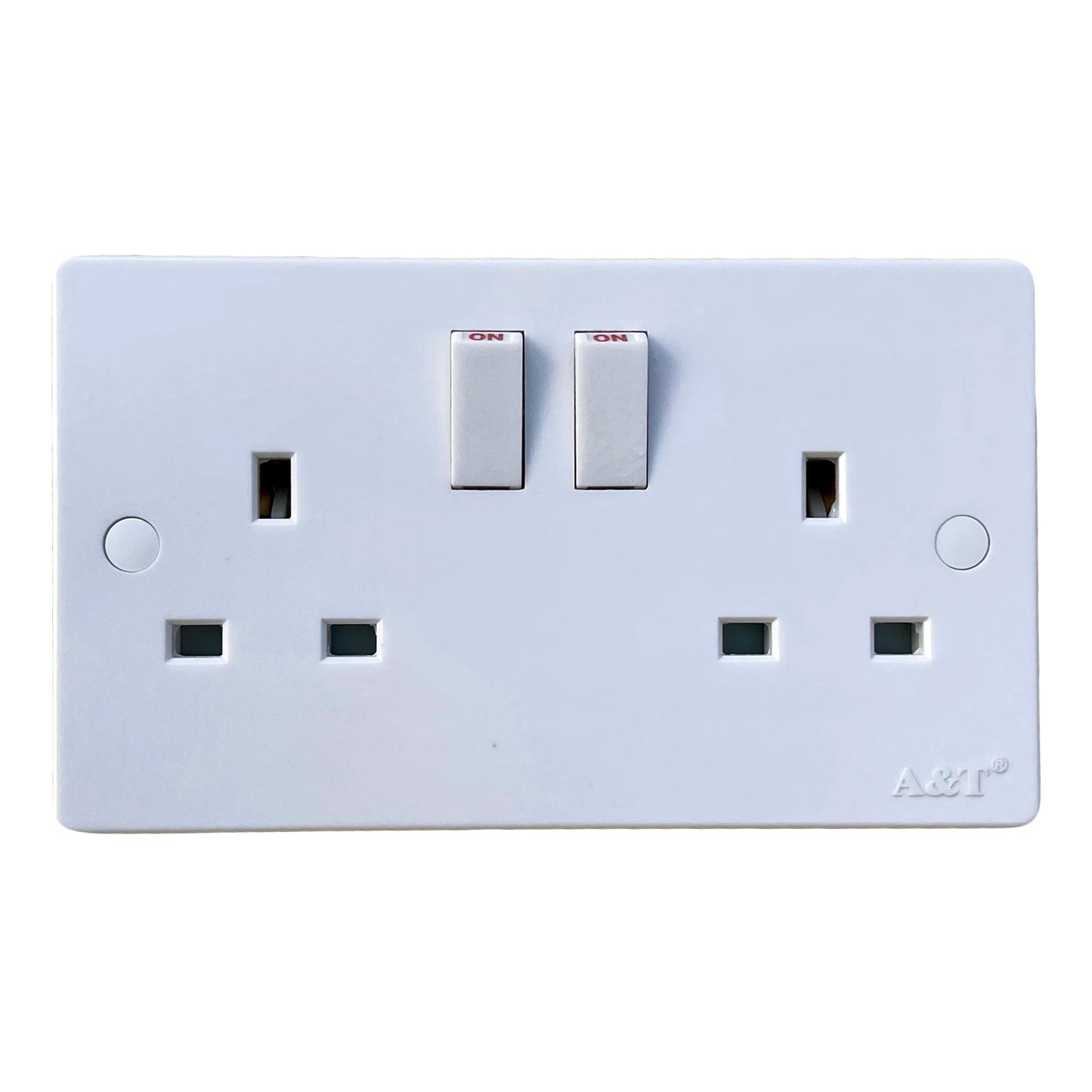 A box of 10, 2 Gang Switched Double Socket Faceplates Rated 13 Amp Colour White