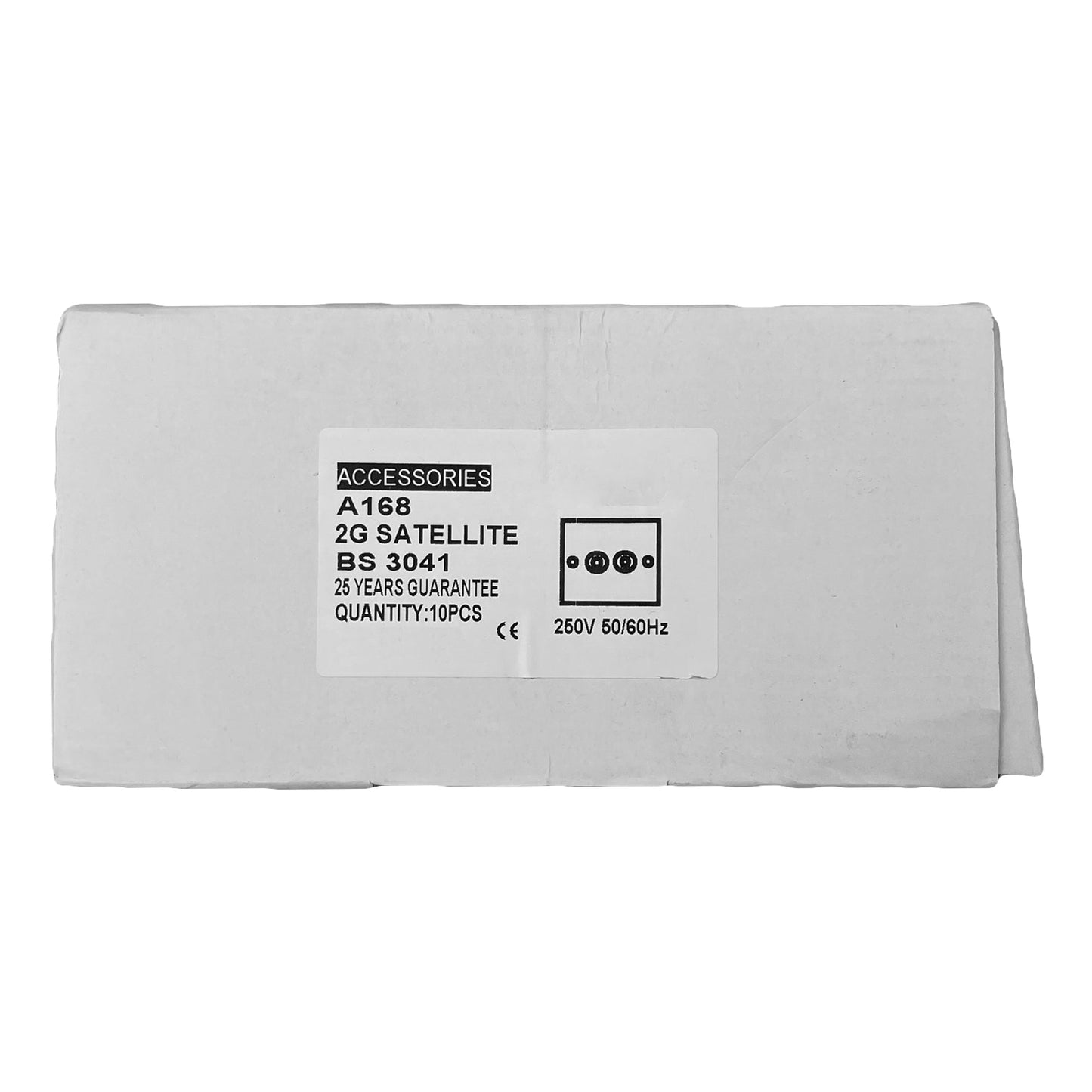 A box of 10, Two Gang Satellite F Type Output Faceplate in White to BS3041