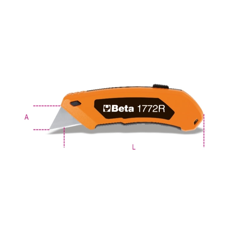 Beta Tools Retractable Utility Knife with 5 Spare Blades - 1772R - 017720006