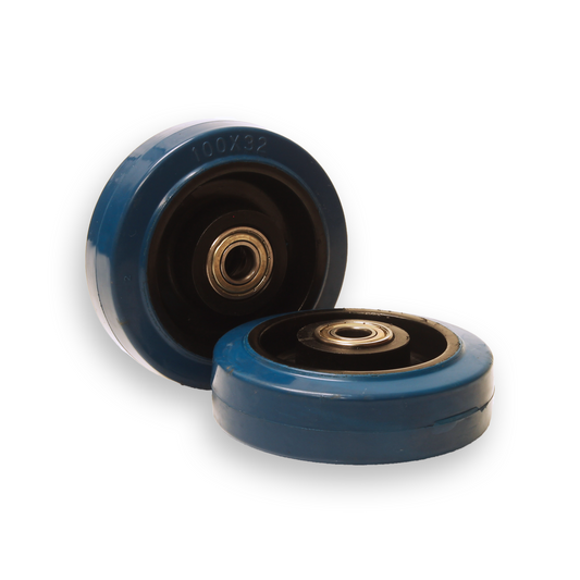 2 x Castor Wheels 100mm Diameter 32mm Wide Heavy Duty Blue Rubber 12mm Axle Bore