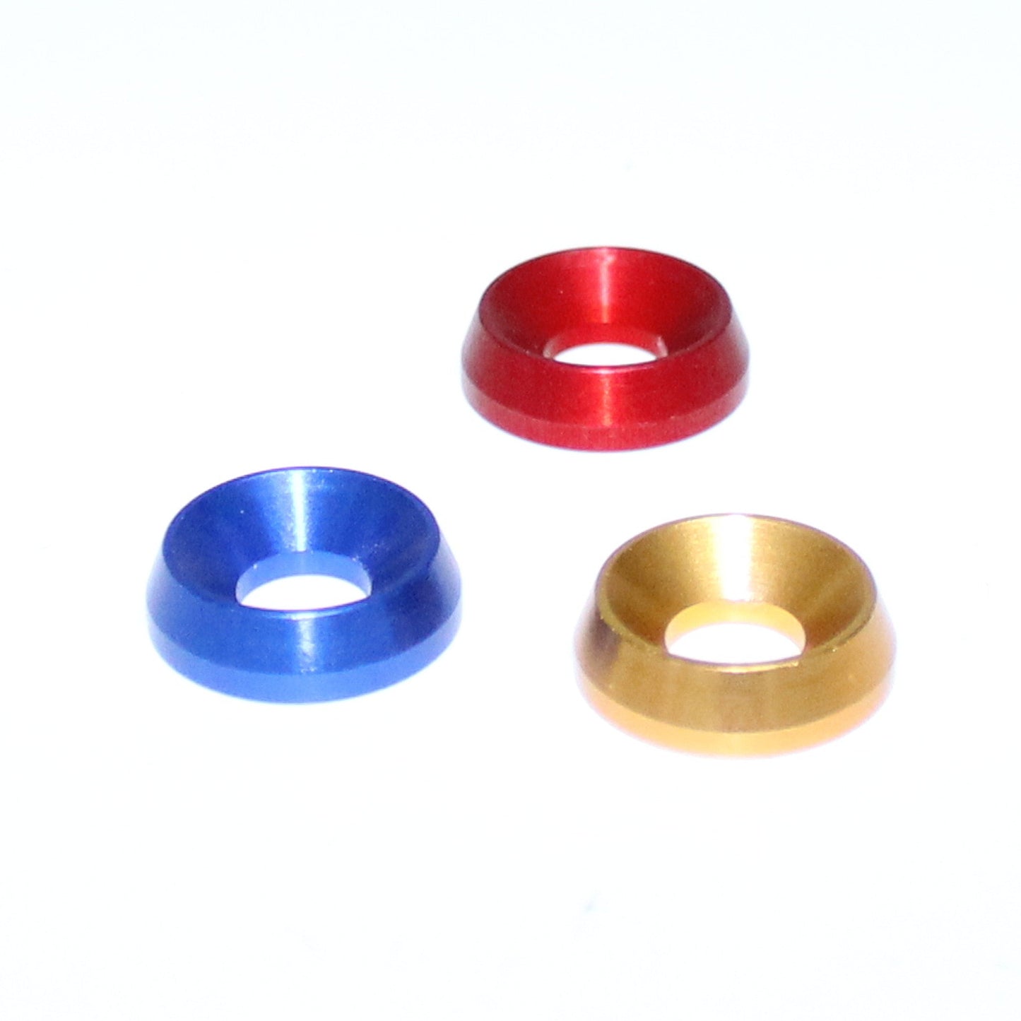 M8 Aluminium Countersunk Washer Anodised Blue Gold or Red 18mm Diameter 5mm Thick Available in Packs of 10 50 or 100 All Colours Finishing Cup Washers