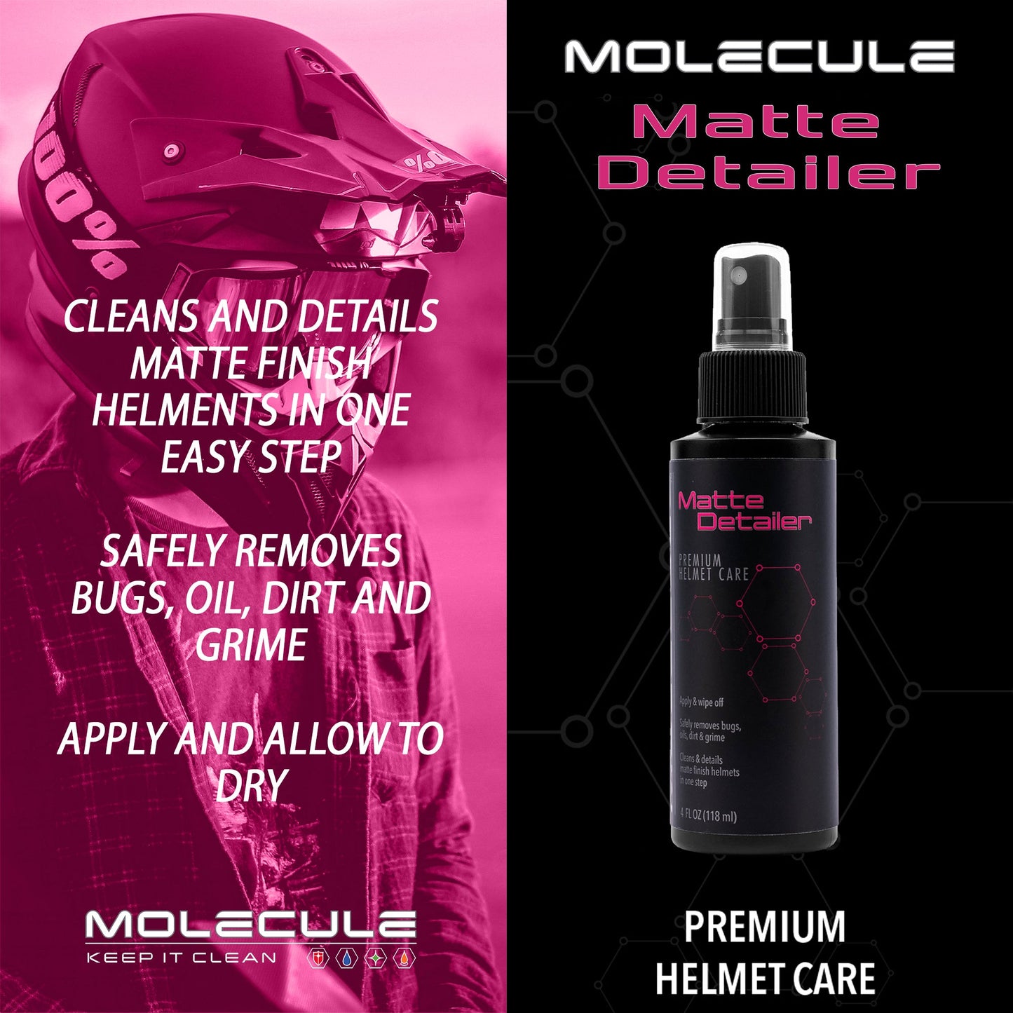 Molecule Matt Helmet Cleaner Polish Anti Fog Rain Repel Spray Refresh Deodoriser